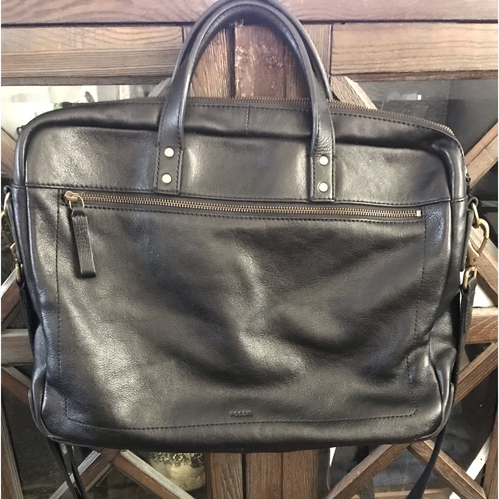 Fossil Briefcase Messenger Bag Leather Classic Minimalist Black